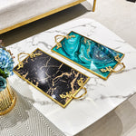 Agate Marbled Glass Metal Tray With Gold Frame
